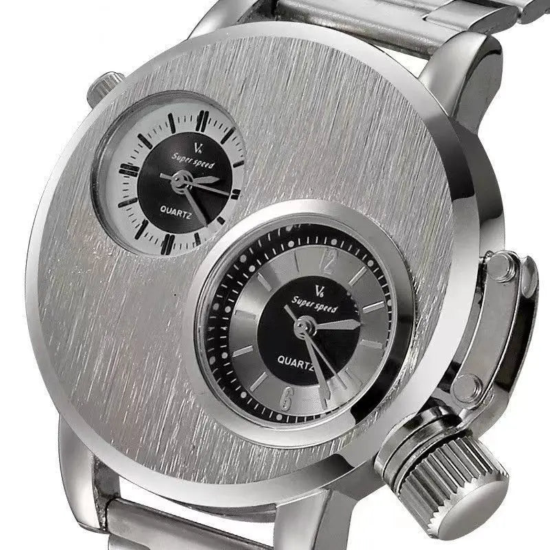 YIKAZE Luxury Quartz Men's Watches Punk Style Dual Dial Business Men Wristwatch Stainless Steel Strap Waterproof Military Watch