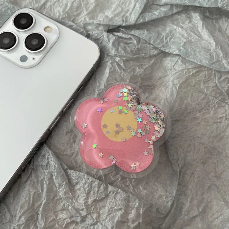 Cartoon Glitter Flowers Liquid Quicksand Phone Grip Stand Holder For iPhone Samsung Huawei Xiaomi Universal Finger Ring Bracket