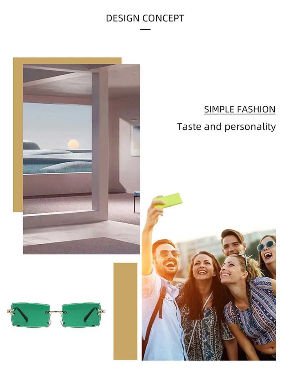 Fashion Rimless Sunglasses Solid Green Ocean Lens Eyewear Women Street Shooting Catwalk Glasses Vintage Brand Beach Sun Glasses