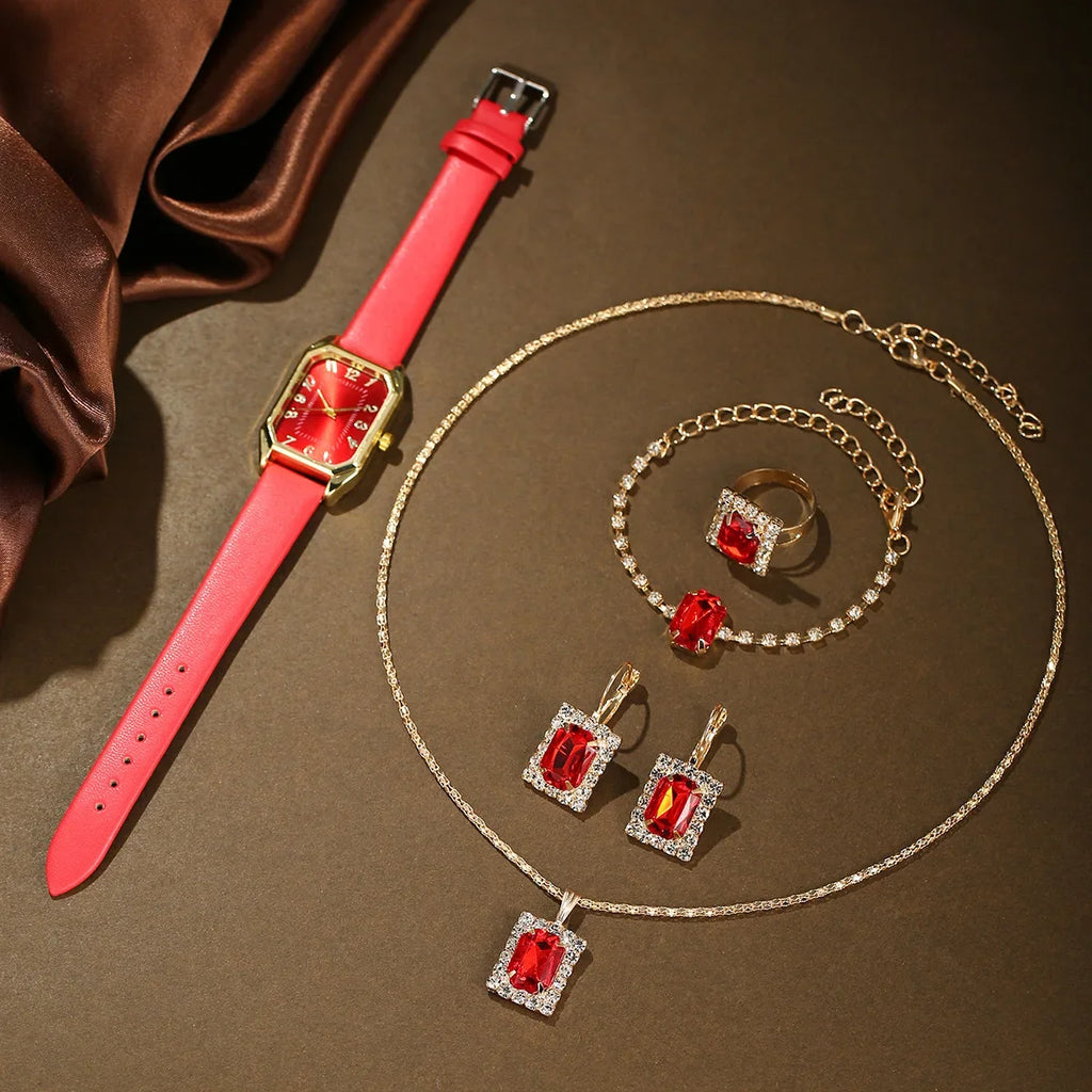 2024 New Leisure Fashion Leather Women's Business Square Quartz Watch Korean Rhinestone Jewelry Set Reloj Mujer Elegante