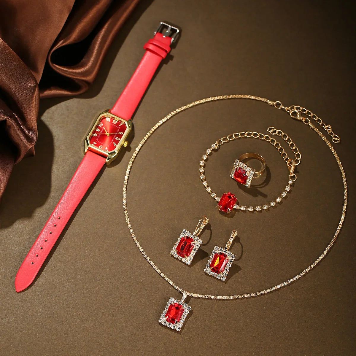 2024 New Leisure Fashion Leather Women's Business Square Quartz Watch Korean Rhinestone Jewelry Set Reloj Mujer Elegante