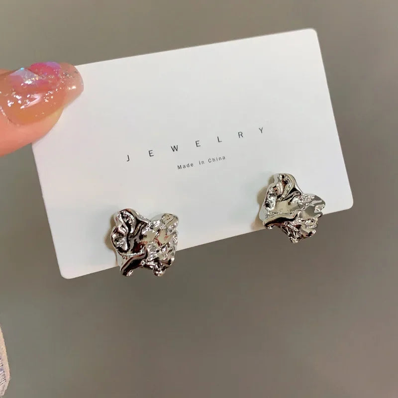 Charm Irregularity Fold and Wrinkle Metal Block Stud Earrings for Women Personality Fashion Korea Earring Jewelry Accessories