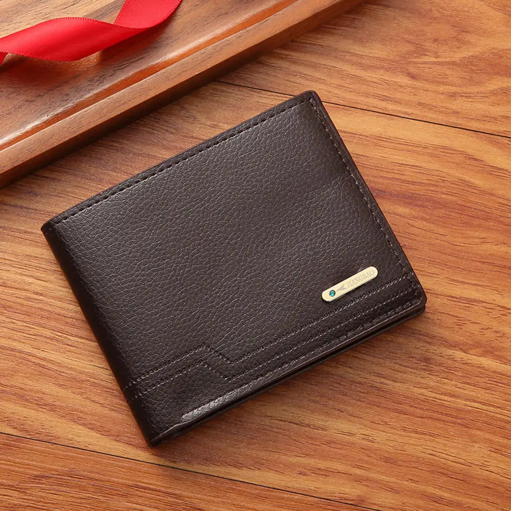 Lychee Texture PU Leather Men's Wallet Short Cash Purse Multi Card Slot Patchwork Card Holder Photo Holder Horizontal Money Clip
