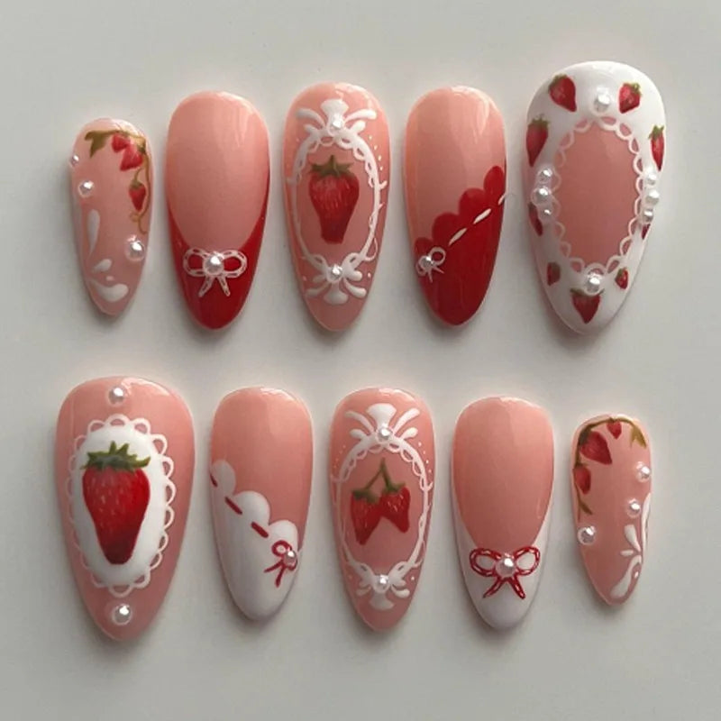 24Pcs Sweet Almond Nails Set Press On Nails Cute Mini Flower False Nail Floral Bow Diamond Full Cover Artificial Nails Art Tips