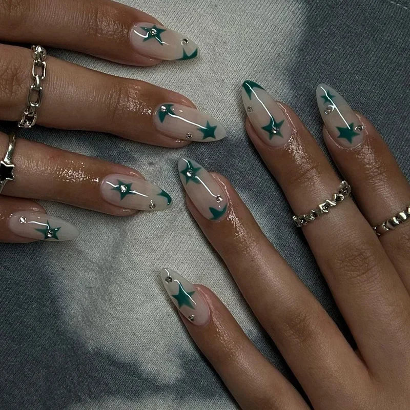 24pcs detachable sweet cool ballet false nails with star y2k designs acrylic press on nails coffin almond fake nails with glue