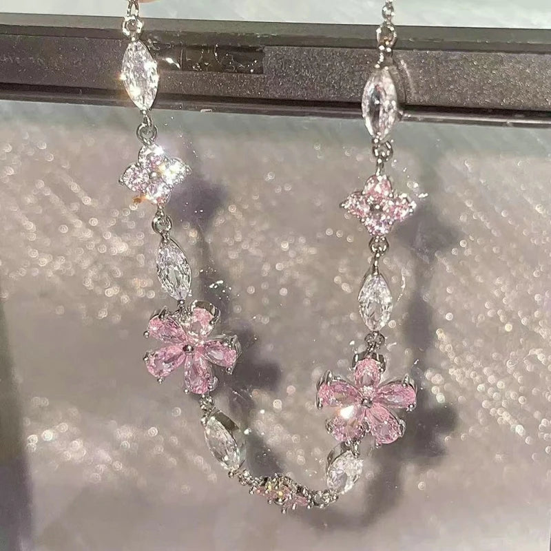 Elegant Fairy Pink Crystal Zircon Sakura Flowers Bracelet for Women Y2K Sweet Girls Cherry Blossom Moon Bow Knot Jewelry Gifts