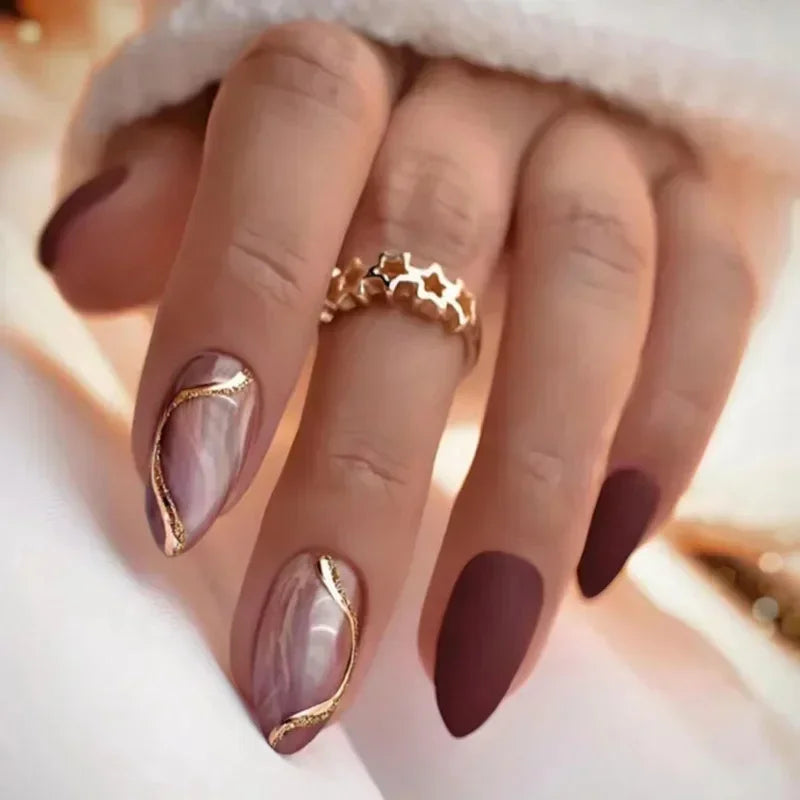 24pcs winter fall leaves brown black false nails with almond French artificial nails with glue short stiletto fake press on nail