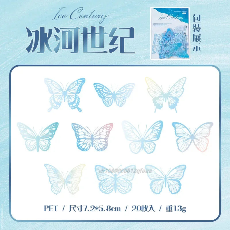 20pcs PET Butterfly Transparent Silver Color Stickers, Holographic Laser Decals for Luggage Laptop Phone Case Mug Decoration