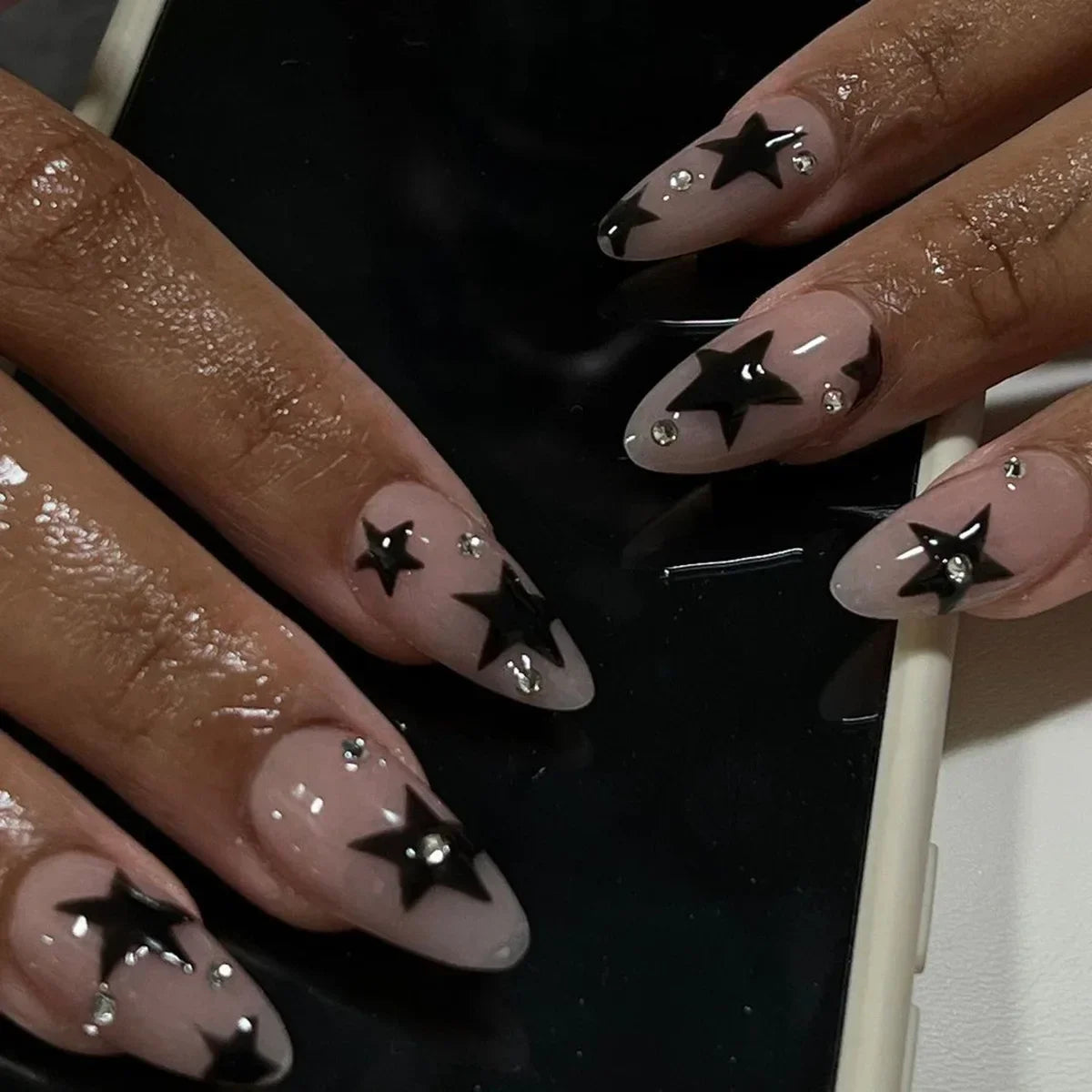24pc Sweet Cool Hot Girl False Nail with glue Wearable black y2k pink diamond fake nails with designs press on nails Art Almond