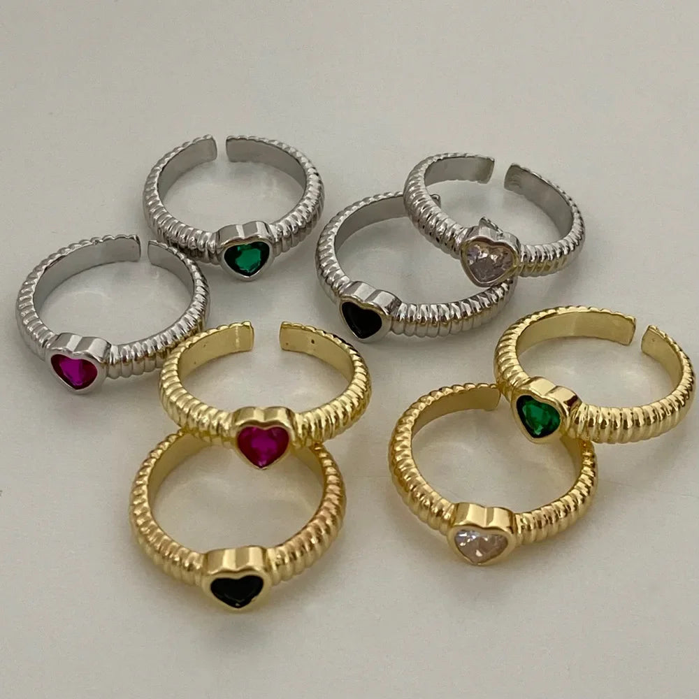 Silver Colorful Zircon Heart Rings for Women Cute Fine Jewelry Minimalist Adjustable Accessories Gift