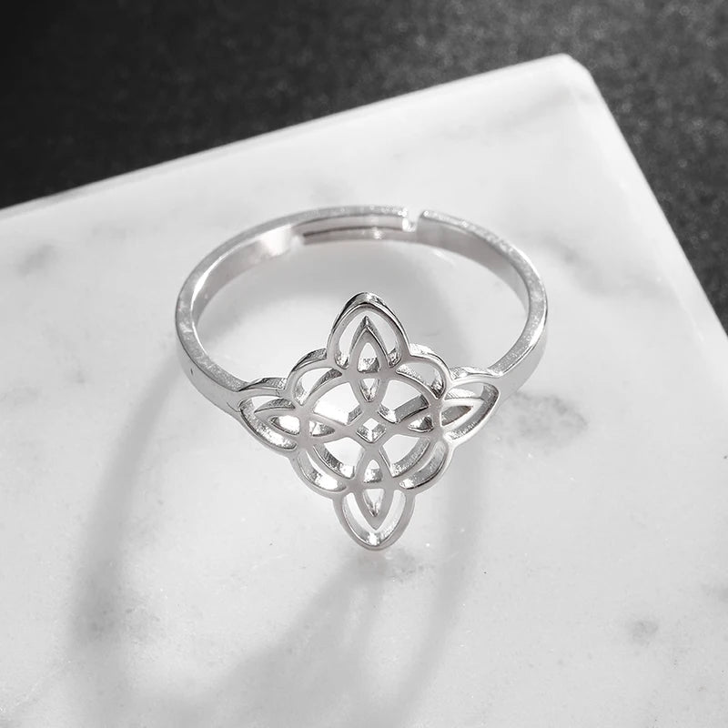 Stainless Steel Witch Knot Adjustable Ring Fashion Women Girls Good Luck Casual Party Jewelry Gift