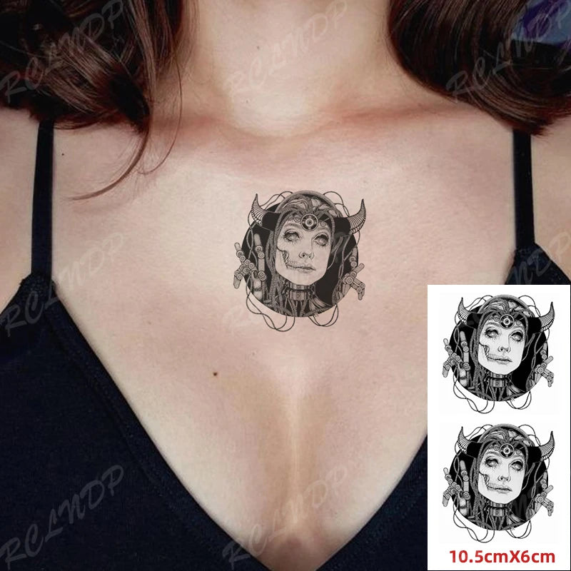 Waterproof Temporary Tattoo Sticker Neck Black Gothic Punk Devil Bull Cross English Letters Flash Tatoo Fake Tatto for Woman Men