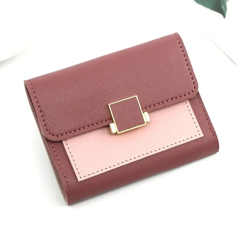 Patchwork Short Women's Wallet Fashion Square Clutch Money Credit Multiple Card Holders Metal Buckle Tri-Fold Ladies Coin Purse
