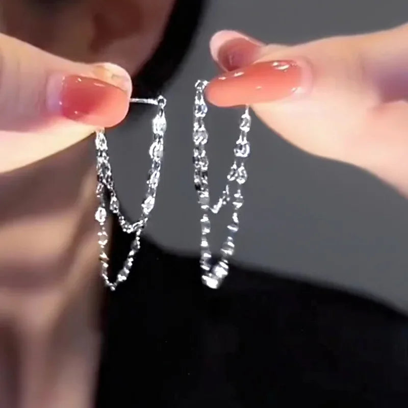 925 Sterling Silver Double Layered Tassel Earrings Long Sparkling Chain Earrings Summer Exquisite and Fashionable Party Jewelry