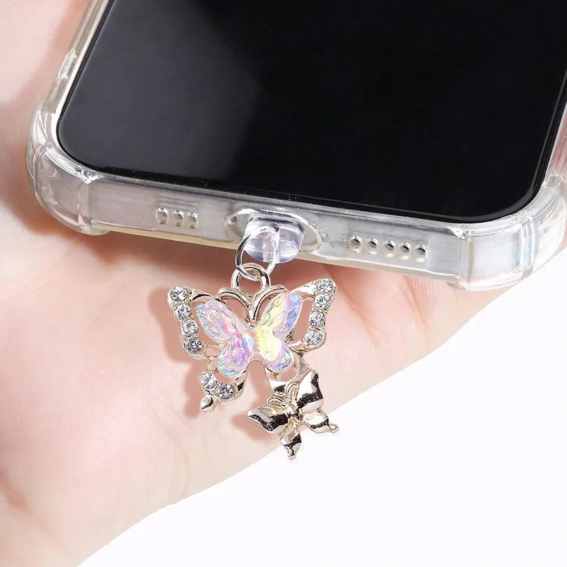 Mobile Phone Dust Plug Pendant New Butterfly With Artificial Pearls And Diamonds Accessory Decoration For iPhone Type-c Port