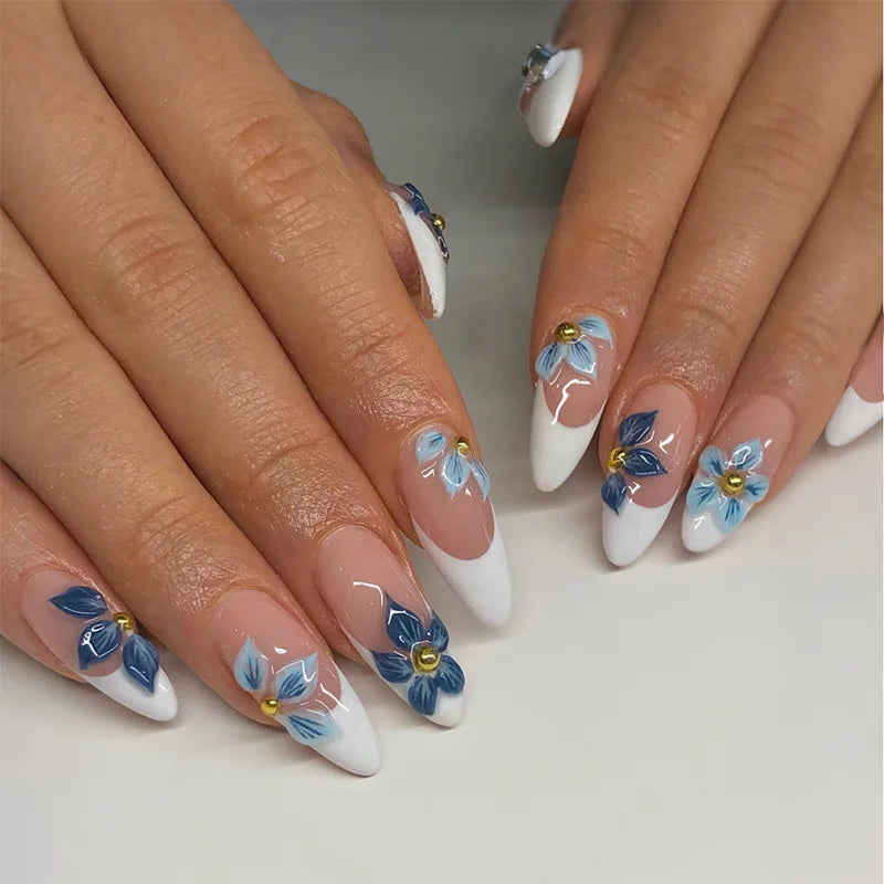 24Pcs 3D Flower Almond Nail Set Press on Nails with 3D Wave Drill False Nails French Tip Full Cover Artificial Nails Art Tips