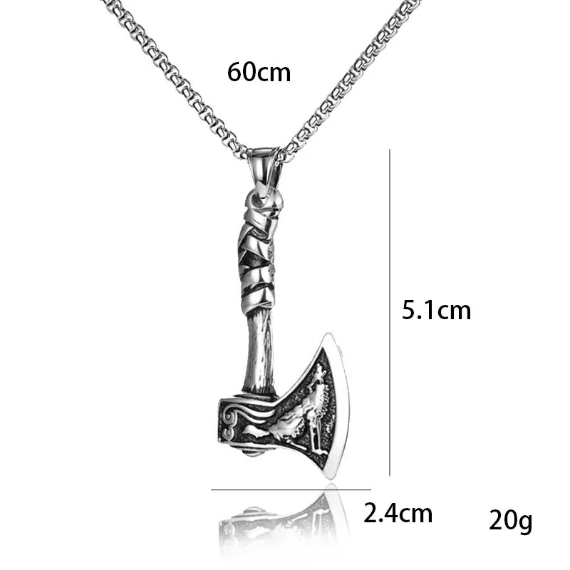 Punk Style men's Necklace With Viking Axe Pendant Silver Color Vintage Wolf Pattern Hip Hop Rock Jewelry Neck Accessories Gifts