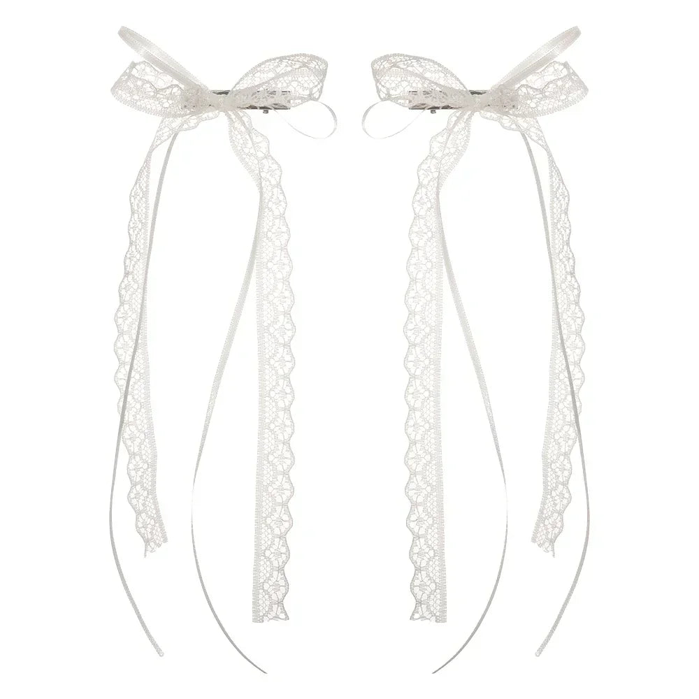 2pcs Korean Fashion Lace Bow Hairpin Women Girls Ribbon Hair Clips White Long Ribbon Bow Top Clip Female Hair Accessories Gifts