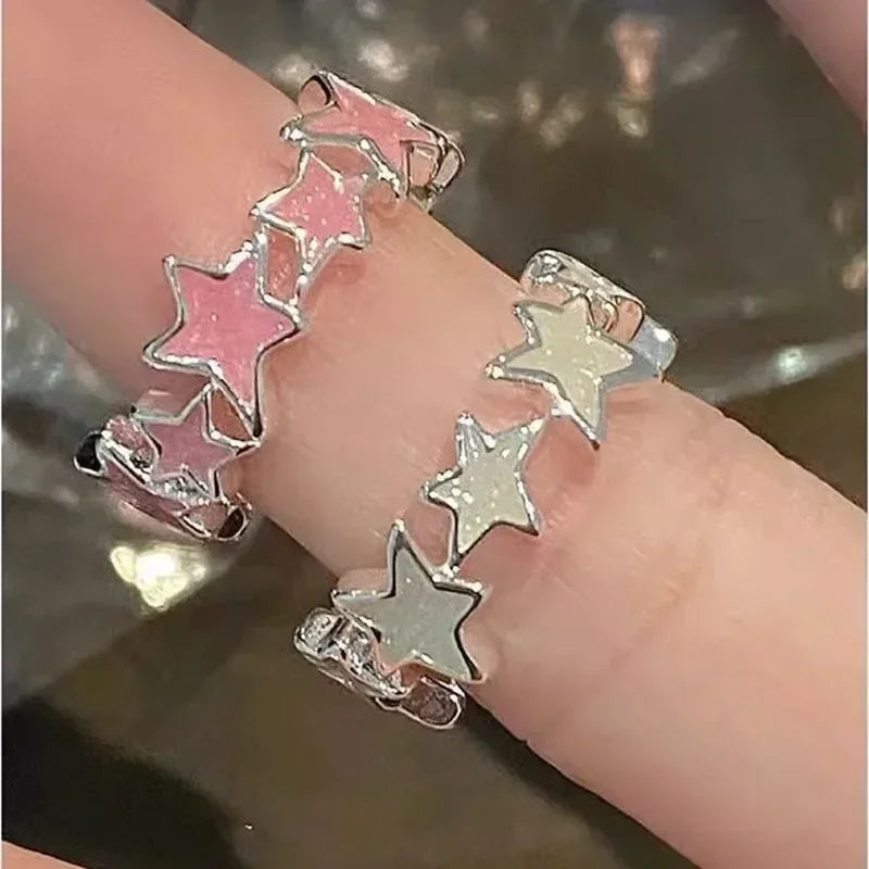 Y2k Irregular Pink Stars Rings Sweet Girls Cute Opening Adjustable Ring Korean Enamel Blue Star Paired Rings Aesthetics Jewelry