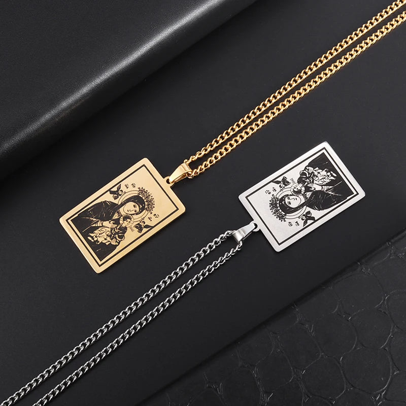 Beautiful Stainless Steel Catholic Virgin Mary Portrait Square Pendant Necklace for Men and Women Religious Catholic Jewelry