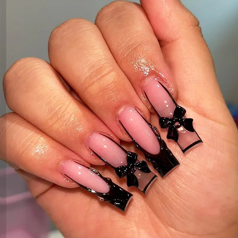 24Pcs Sweet Cool Spice Girl Press on Nails Black French Bow False Nails Y2k Star Glitter Diamond Nail Long Square Gel Fake Nails