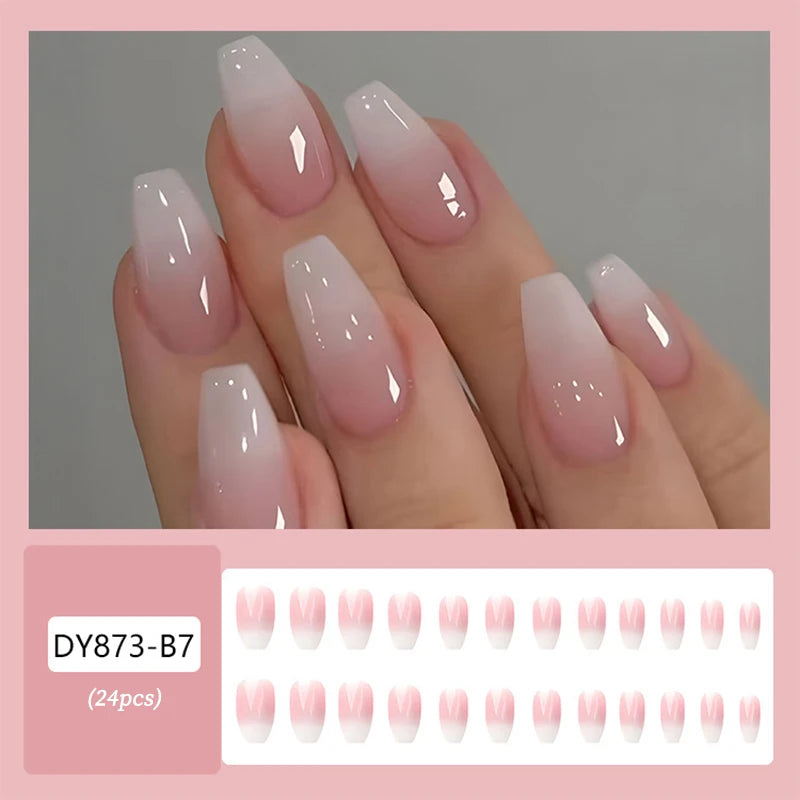 24pcs Milky Jelly Gradient Fake Nails French Nail Waterproof Faux Medium Coffin False Nails Fingernails Press On Nails Tips
