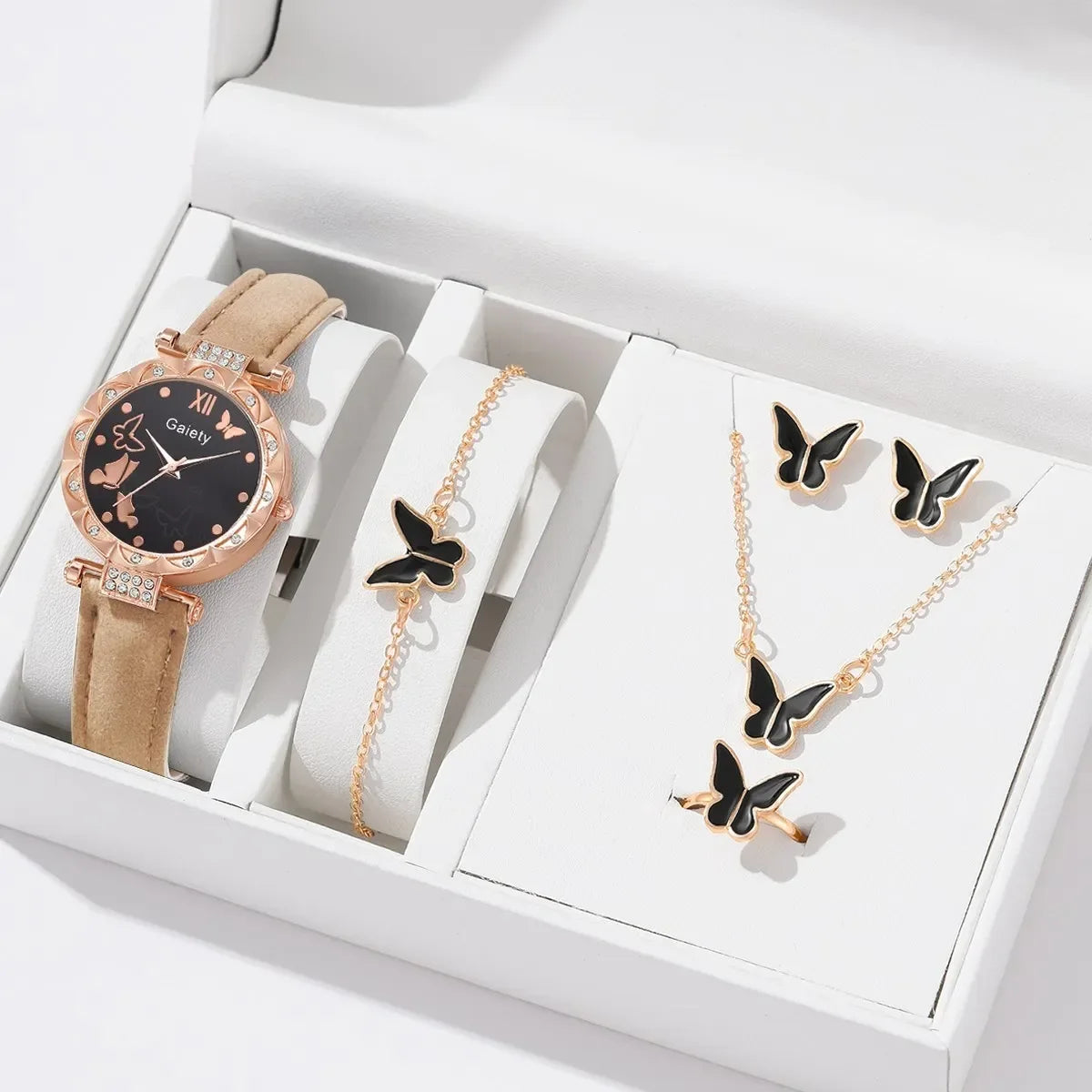 1/6PCS Set Luxury Watch Women Ring Necklace Earrings Rhinestone Fashion Wristwatch Ladies Casual Watches Bracelet Set Clock