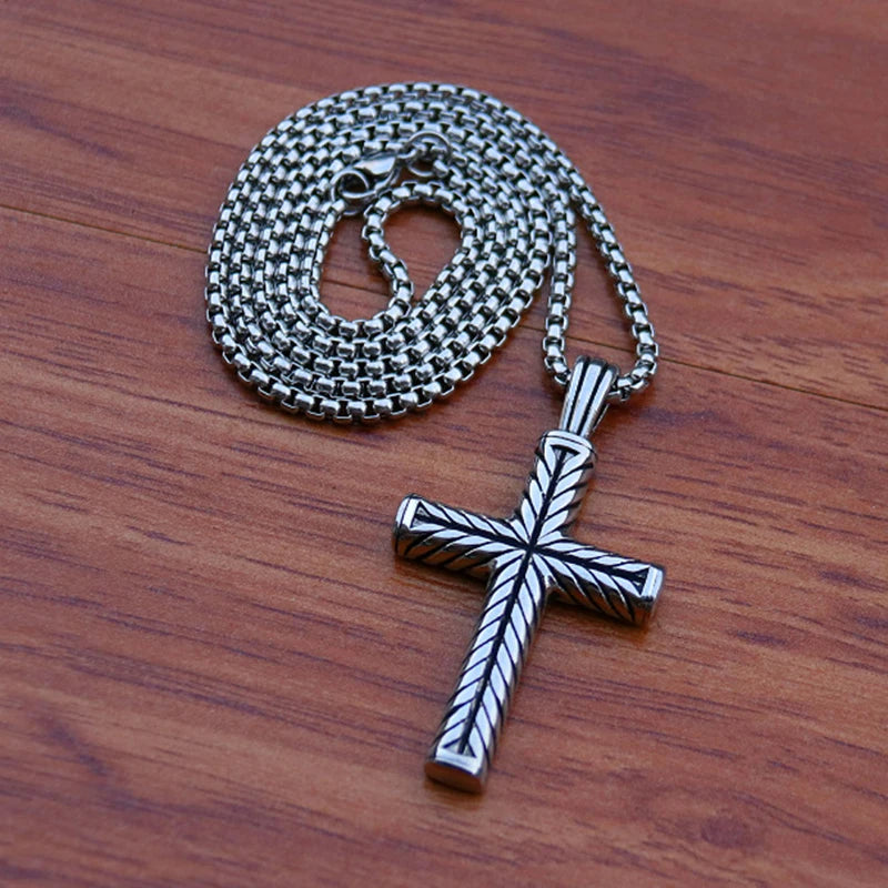 Twisted Pattern Cross Pendant Necklace Retro Simple Stainless Steel Chain Silver Color Hip Hop Jewelry Gifts For Women Men