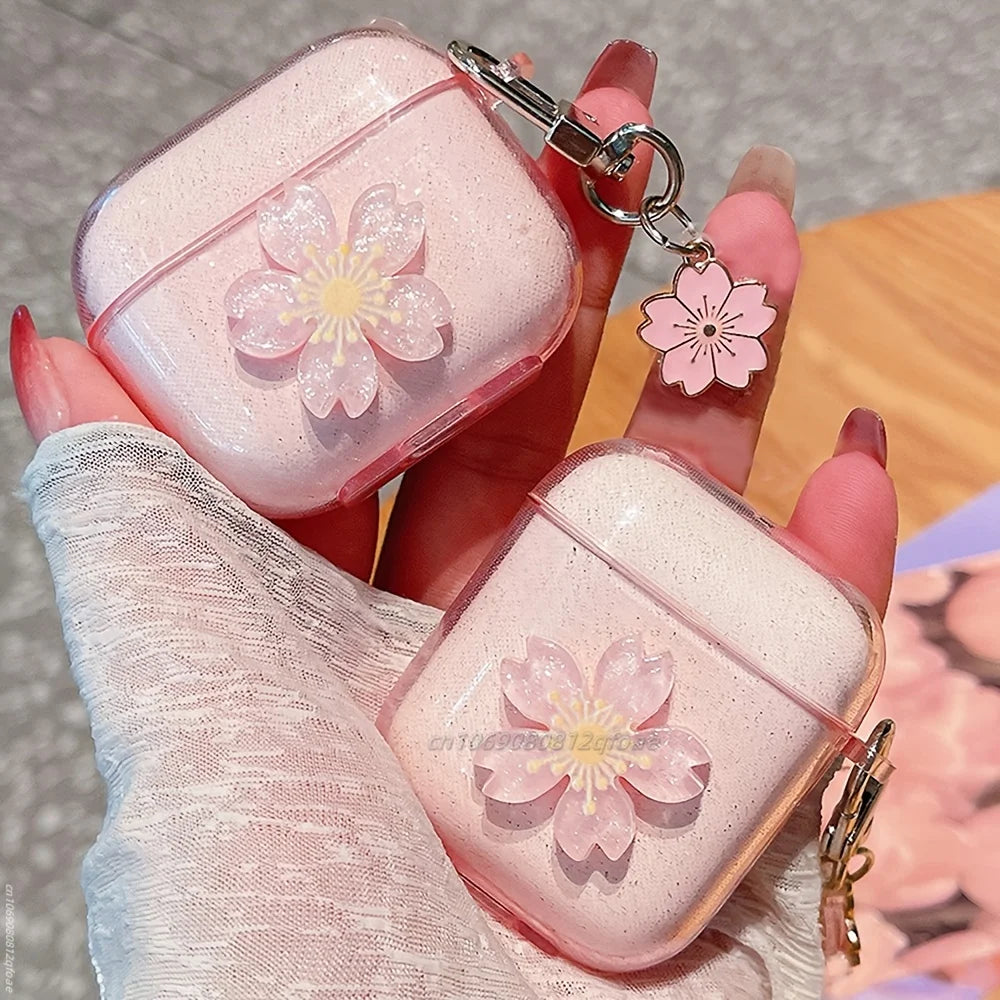 Sparkling Pink Cherry Blossom Suitable Cases for Apple AirPods Pro 1/2/3 Generation Wireless Bluetooth Earphone Case Transparent