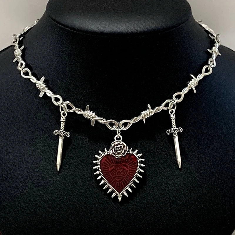 Goth Gothic Peach Heart Flower Sword Eye Cross Pendant Choker Chain Necklace For Man Women New Fashion Jewelry Vintage Punk