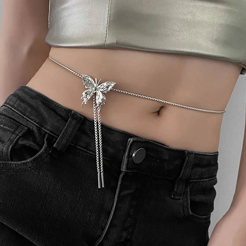 Punk Liquid Metal Butterfly Rose Flower Waist Chain Adjustable Silver Color Pendant Snake Bones Body Chain Punk Hiphop Jewelry