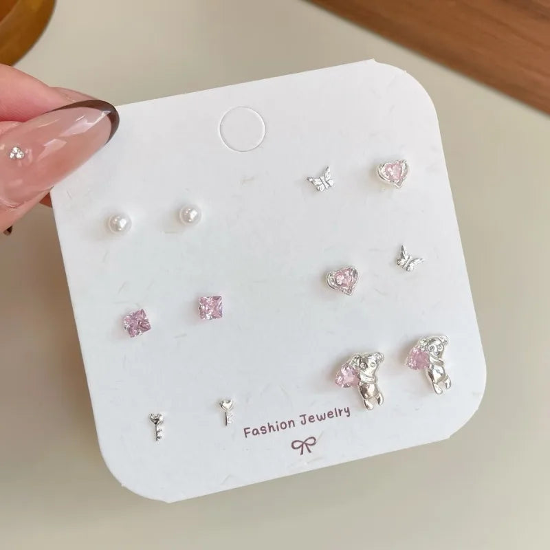 Cute 6/7Pair Set Butterfly Heart Stud Earrings for Women Girl Exquisite Party Dailywear Jewelry Birthday Gift Simple Accessories