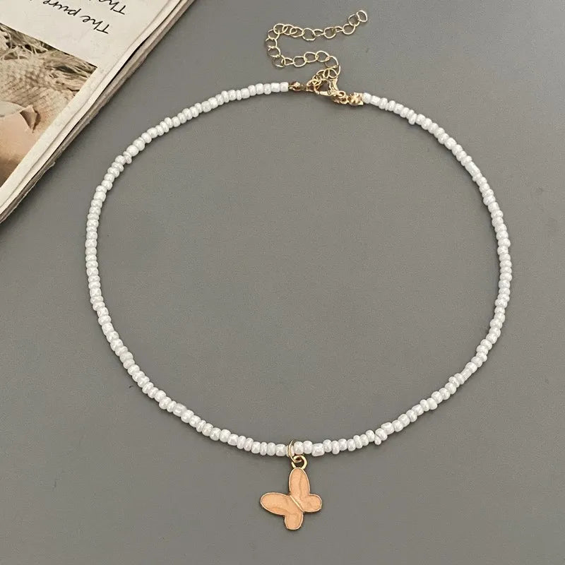 New Fashion Butterfly Pendnat Necklace Small Seed Beads Gift  Choker Necklace White Color Neck Jewlery