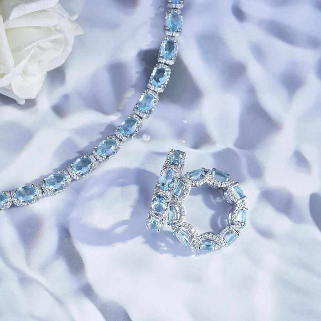 Fashion Jewelry Set for Women Round Aquamarine Bracelet Ring Sets Zircon Bridal Decoration Accessory Banquet Luxury Chain Gifts