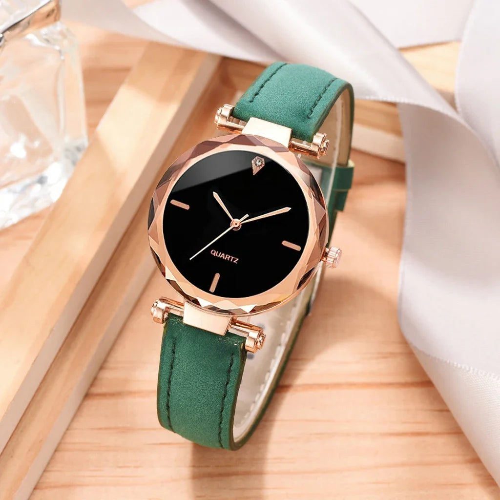 Luxury Fashion Women Watch Set PU Leather Strap Ladies Quartz Wristwatch Rhinestone RoseGold Alloy Bracelet For Ladies Gift