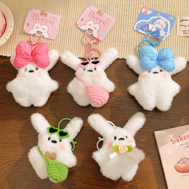 1Pc Kawaii Rabbit Plush Keyring Ornament Lovely Plush Animal Bowknot Keychain for Women Girls Versatile Bag Charm Pendant Gifts