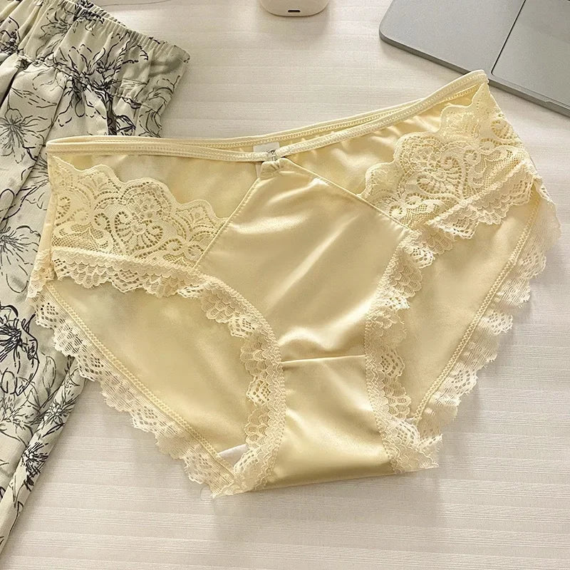 High-quality Satin Panties Soild Color Breathable Underwear Women French Sexy Lace Bow Lingerie Mid-waist Thin Mesh Briefs 도매