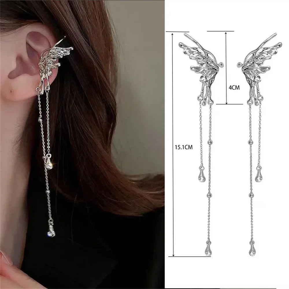 Y2K Fairy Butterfly Tassel Ear Clips Angel Ear Bone Clip Earring Elf Female Hole Cuff Hanging Earring Fashion Jewelry Gift