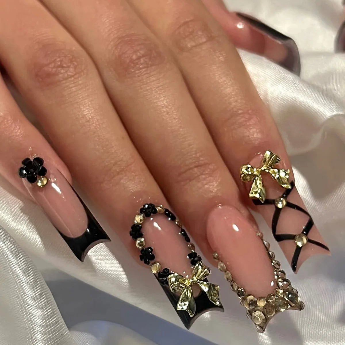 24pcs French Fake Nails with Glue Animal Print False Nails Short Square Press on Nails Diamond Cross Nail Press Ons Sweet Cool