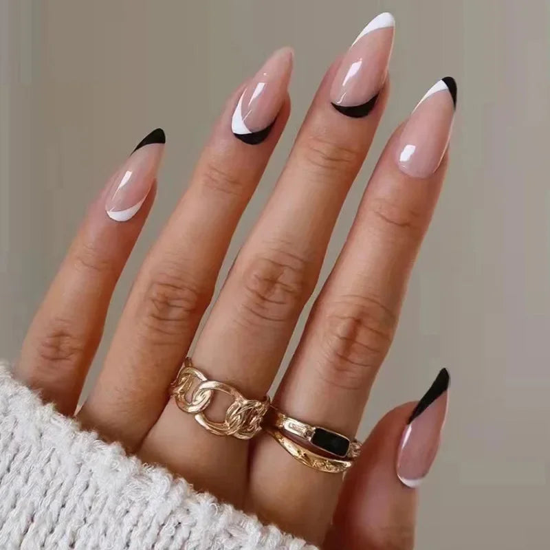 24pcs winter fall leaves brown black false nails with almond French artificial nails with glue short stiletto fake press on nail