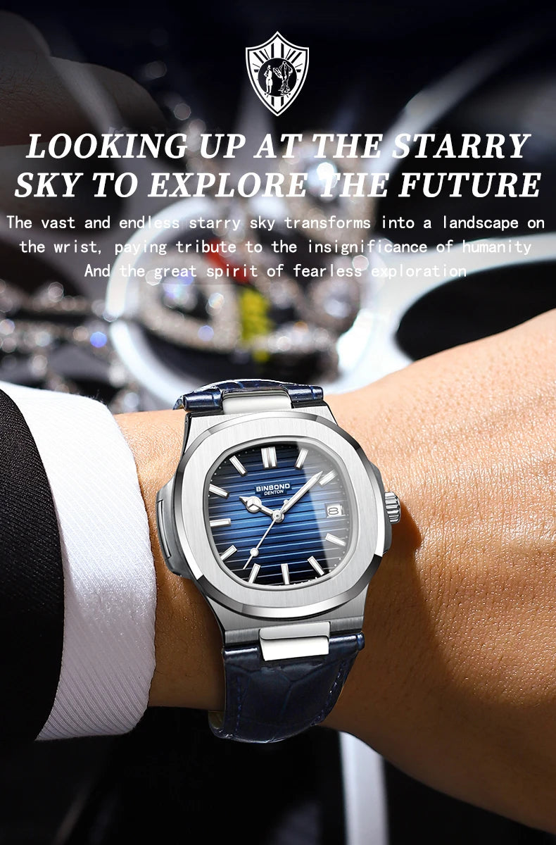 BINBOND Top Luxury Square Man Watch Date Waterproof Luminous Watch High Quality Leather Quartz Men's Watches Relogio Masculino