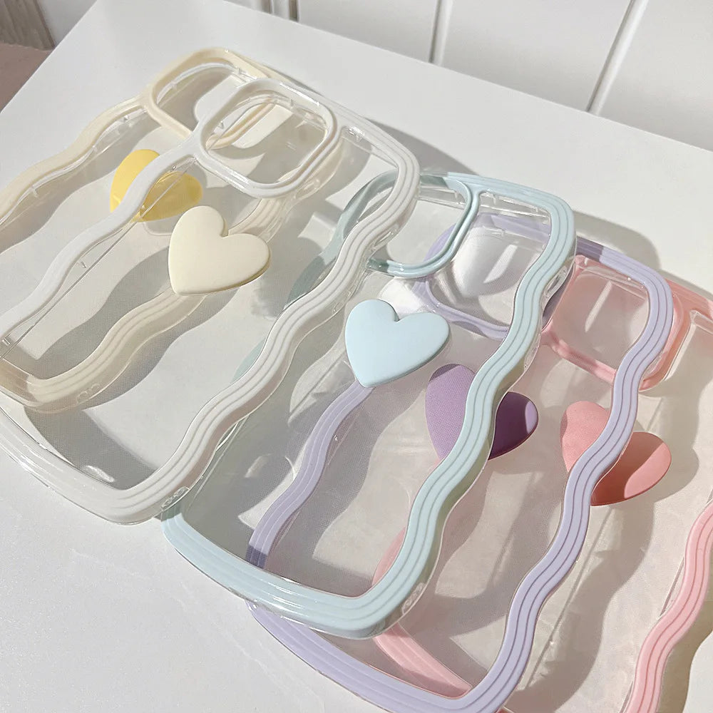 Wave Frame Cover For iPhone 15 11 14 12 13 Pro Max X XR XS Max 7 8 14 15 Plus SE 2020 2022 3D Love Heart Transparent Case Ccover