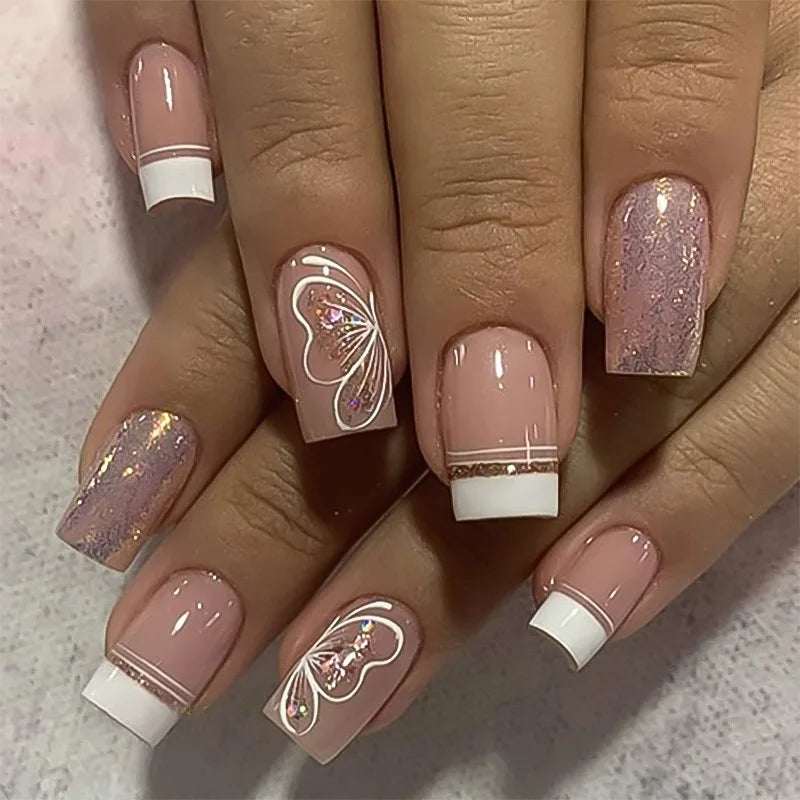 24Pcs Nude Pink Press on Nails Short Square False Nails Simple Gradient Nails Art Full Cover French Acrylic Nail Tips for Girls