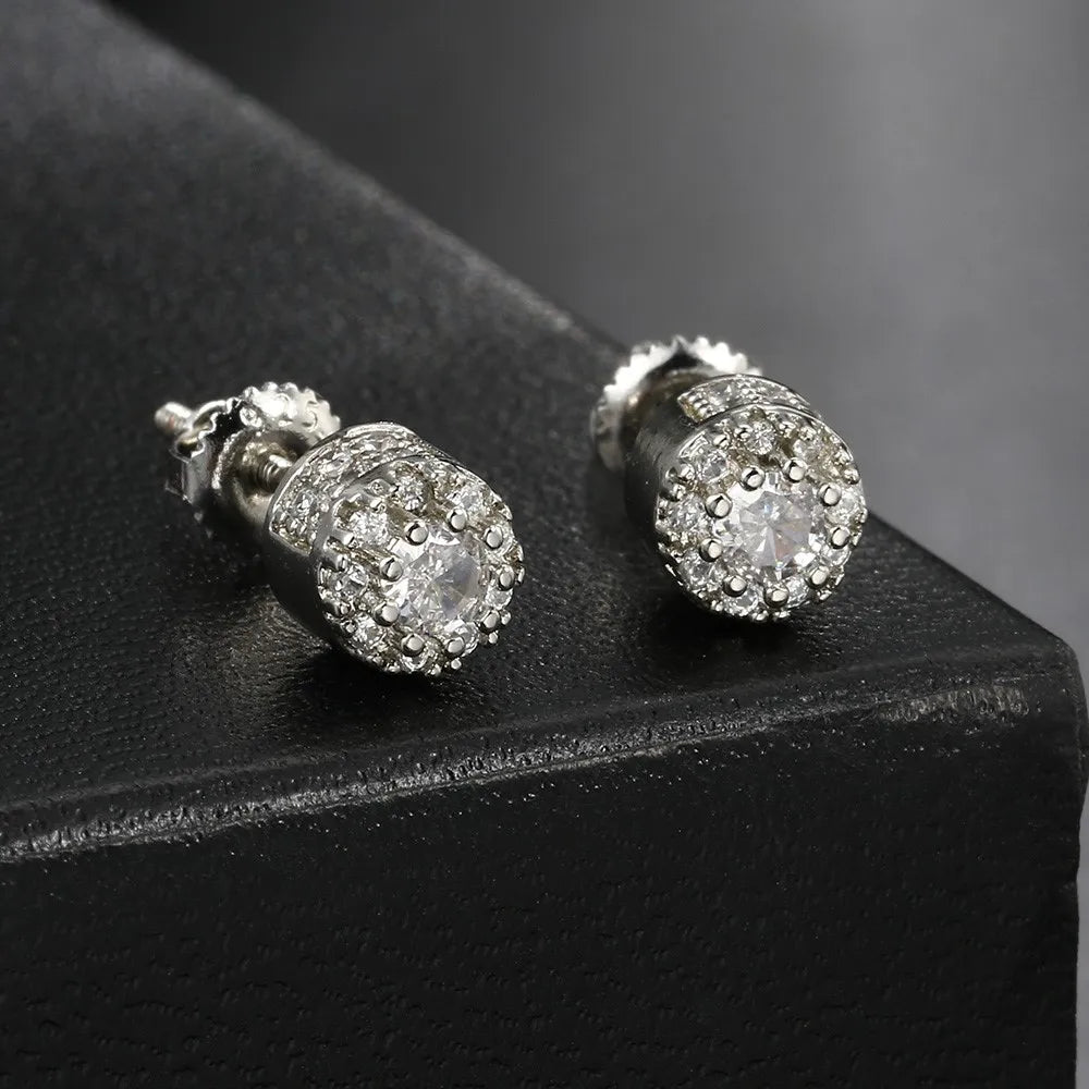 Hippie Iced Out Studs Earrings For Men Punk Silver Color Round Cubic Zirconia Earings Shiny Gold Color Jewelry Gift Male OHE174
