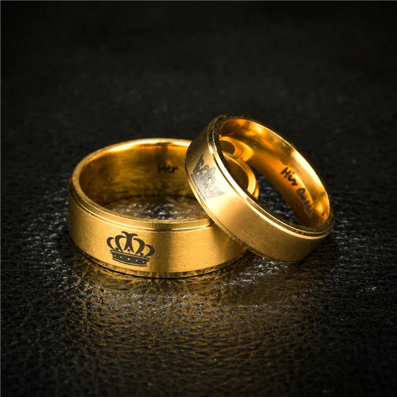 Gold Colour King Queen Crown Stainless Steel Couple Rings for Lovers Promise Men Women Valentine's Day Gifts