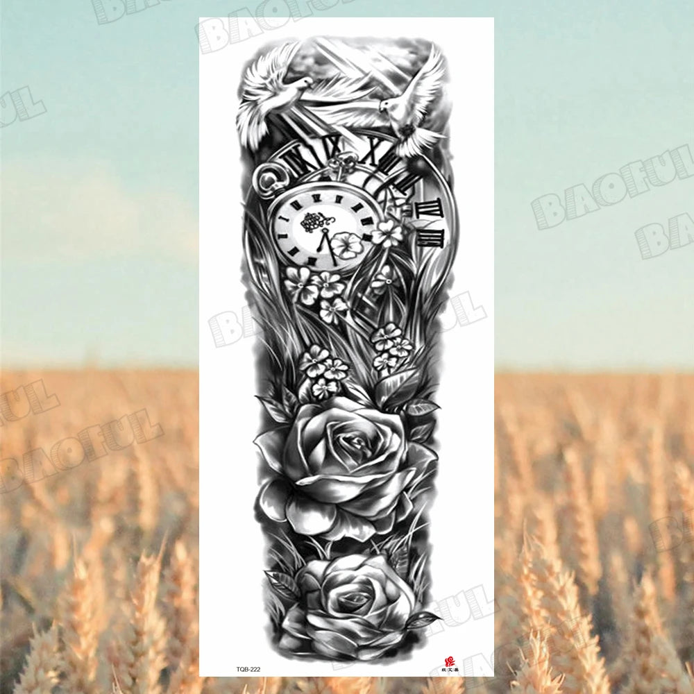 Arm Sleeve Temporary Tattoos For Women Men Realistic Wolf Lion Rosette War Maori Flower Fake Tattoo Stickers Sexy Thigh Tatoos