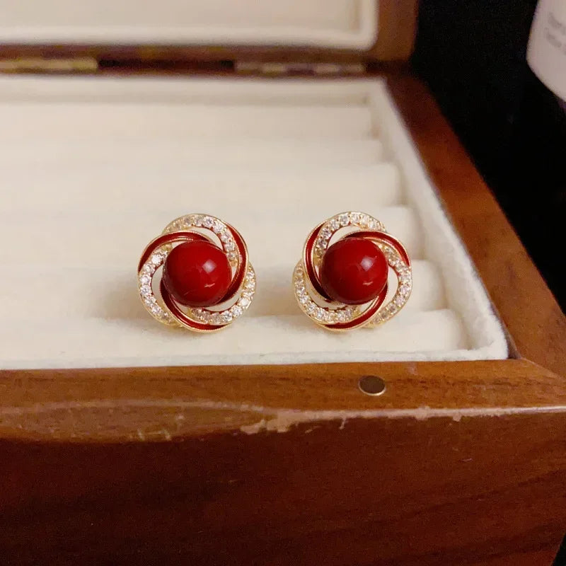 Vintage Red Green Rhinestone Stud Earrings Crystal Enamel Oil Geometry Earrings for Women Fashion Exquisite Ear Studs Jewelry