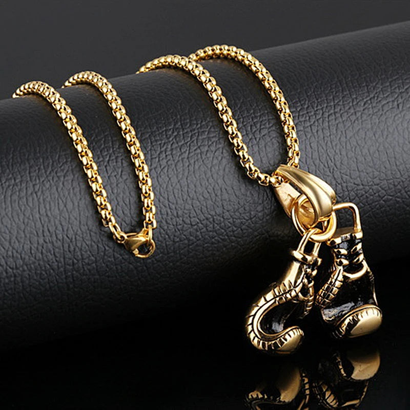Vintage Boxing Gloves Pendant Necklace For Men Punk Hip Hop Style Gold Color Titanium Steel Chain Fashion Women Jewelry Gifts