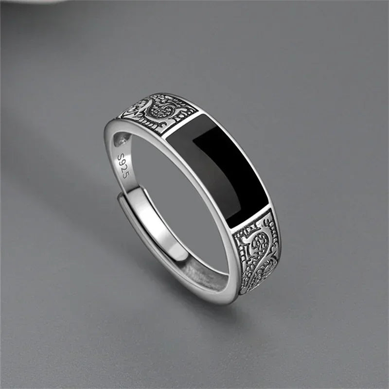 Trendy Vintage 925 Silver Ring for Men Jewelry Black Rectangle Retro Dragon Pattern Ring Male Rings Adjustable