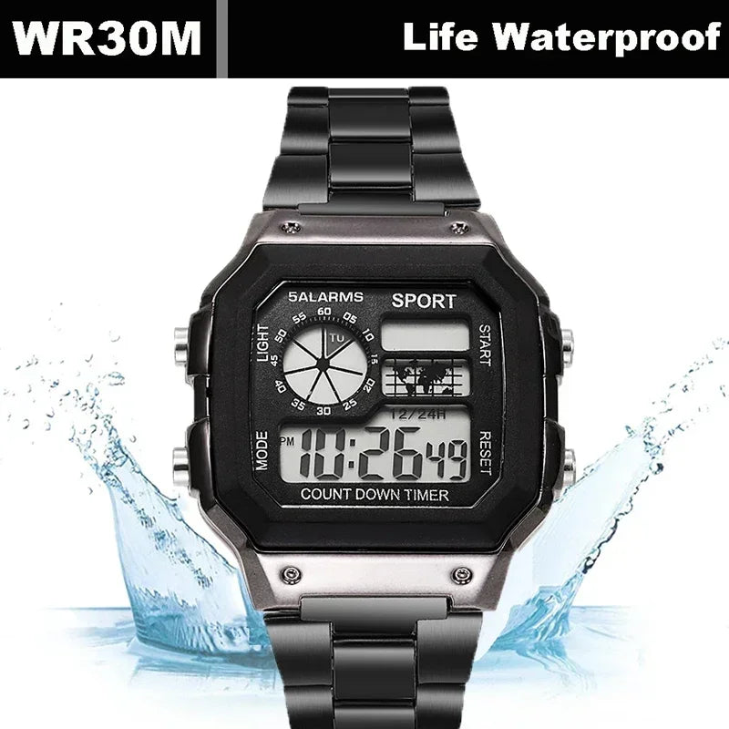 Luxury Stainless Steel Strap Sport Watches Men Practical Digital Watches Waterproof Clock LED Men's Sport Wristwatch